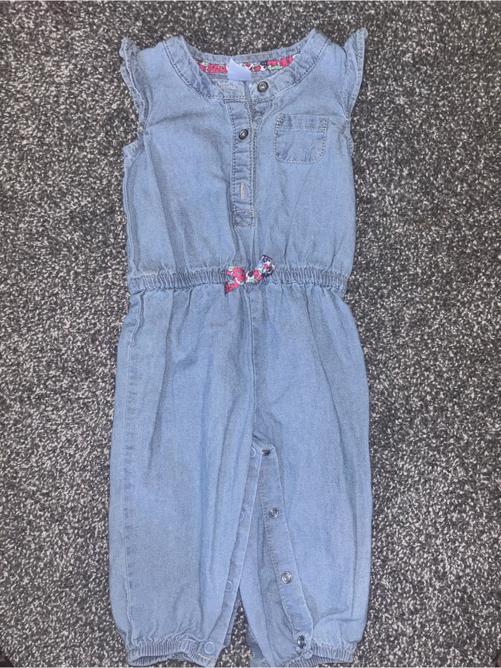 Carter's Light Blue Chambray Sleeveless Romper with Floral Tie